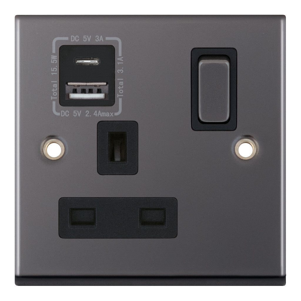 Selectric 7MPRO-488 7M-Pro Black Nickel 1 Gang 13A Switched Socket with USB C and A Outlets - Black Insert