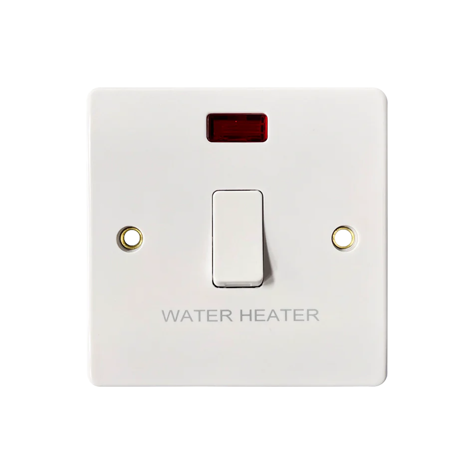 Caradok 20A DP Switch c/w Neon marked "WATER HEATER"